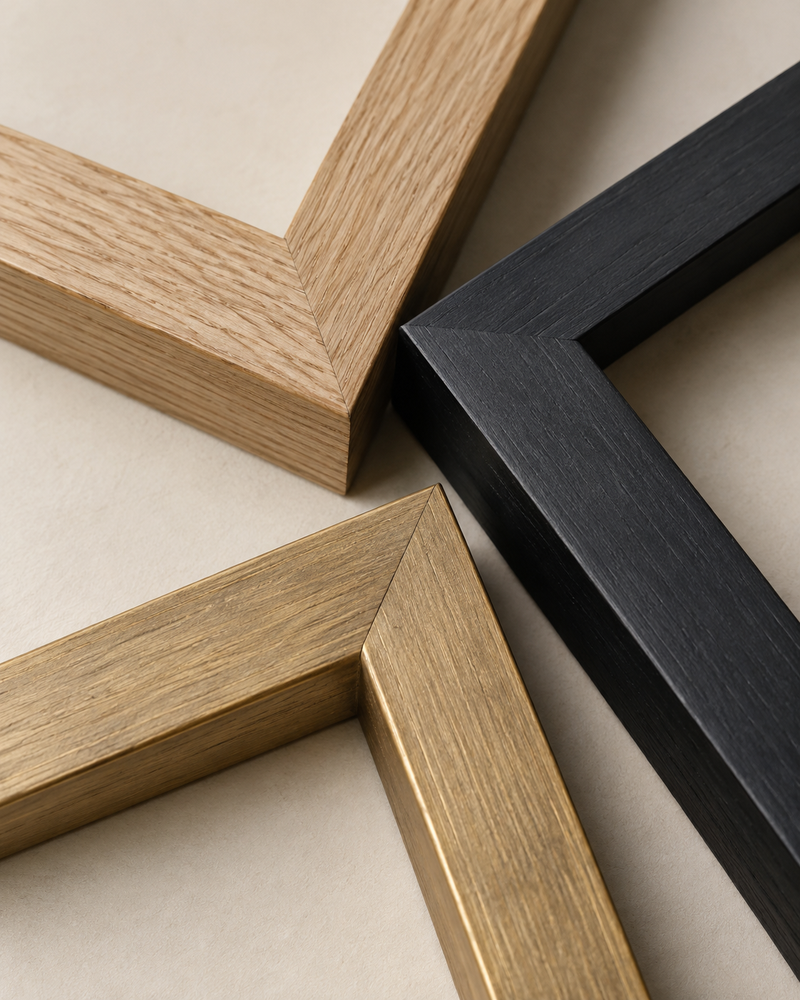Close-up of natural wood, black and gold-tone picture-frame corners