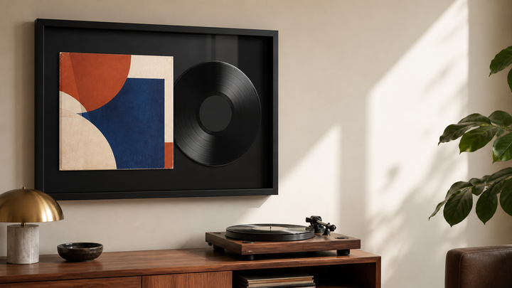 Vinyl record and original album artwork displayed together in a deep black frame