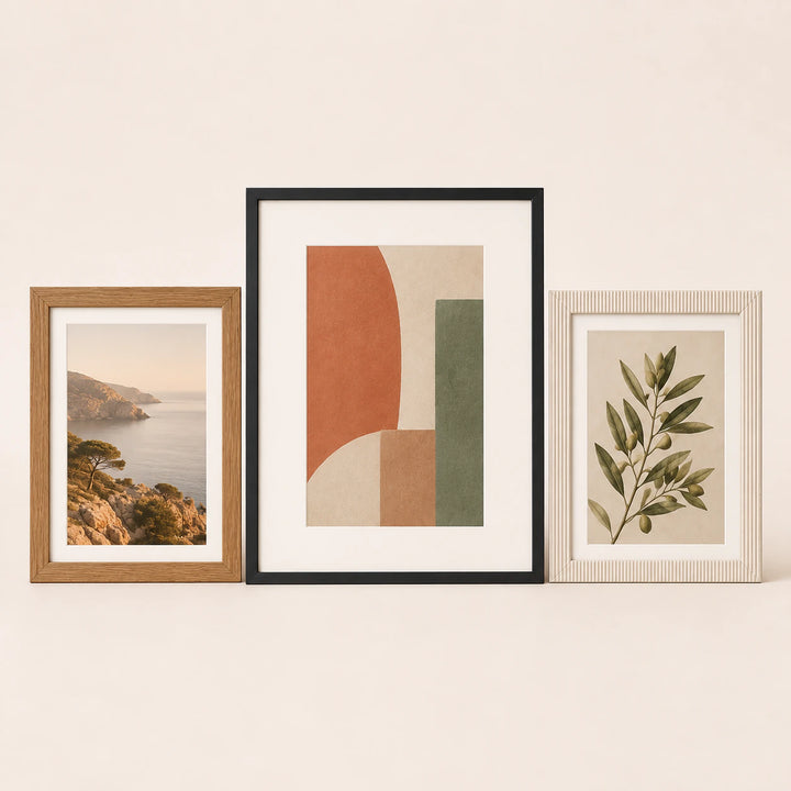 Three 24 by 36 inch picture frames in oak, black and cream finishes with varied artwork