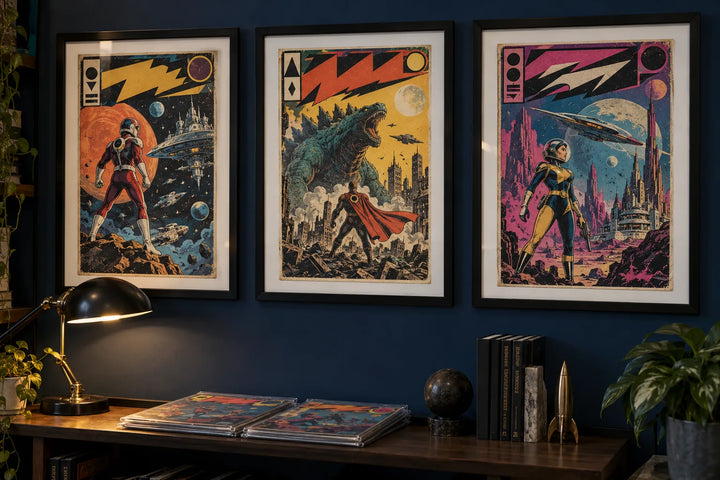 Three retro comic books in black frames with white mounts, hung in a row on a navy wall above a desk