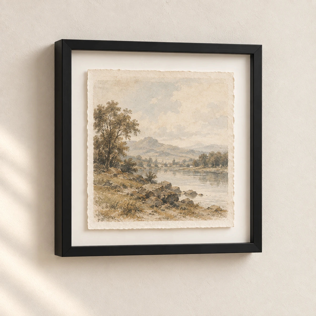 A historic landscape on handmade paper conservation framed in a deep black gallery frame