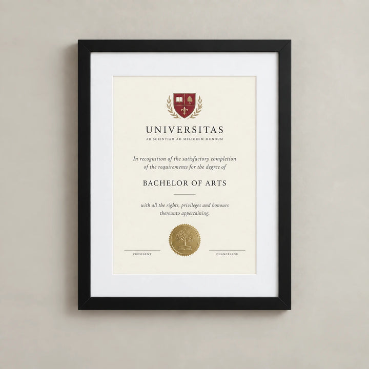 An academic diploma displayed in a black frame with a single white mount
