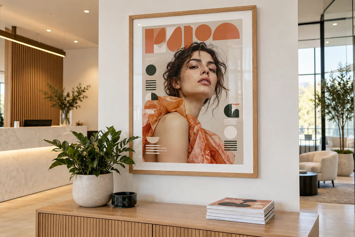 A fashion magazine cover in an oak frame with a white mount, hung above a console in a bright office reception