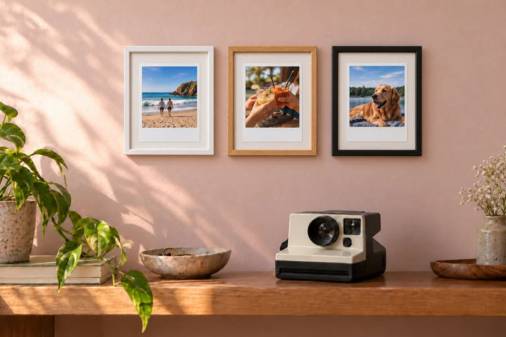 Three instant photos in white, oak and black frames with white mounts on a pink wall, above an instant camera on a shelf