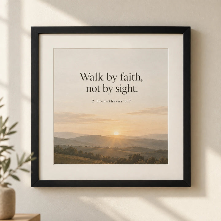 A framed scripture print reading Walk by faith not by sight