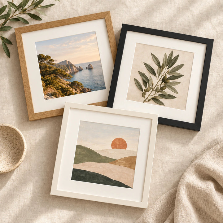 Three square picture frames in oak, black and white finishes with varied artwork