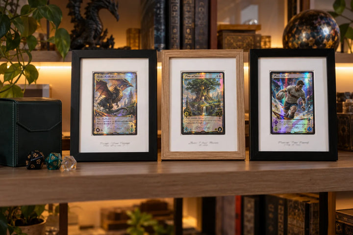 Three holographic trading cards in black and oak frames with wide white mounts, on a backlit games-room shelf