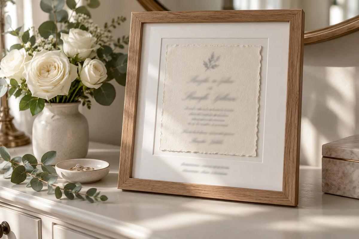 A deckle-edged wedding invitation in an oak frame with a wide white mat, on a dresser beside white roses and a ring dish