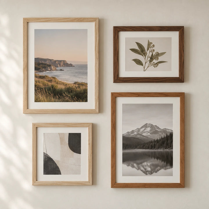 Four solid wood picture frames in pale oak and dark walnut finishes