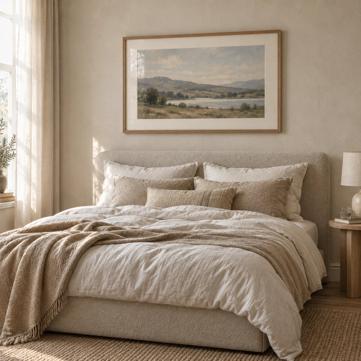 A wide oak framed landscape print displayed above a softly styled neutral bed