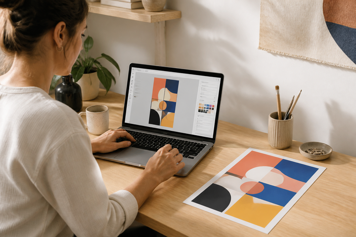 Canva design shown on a laptop beside the matching printed geometric artwork