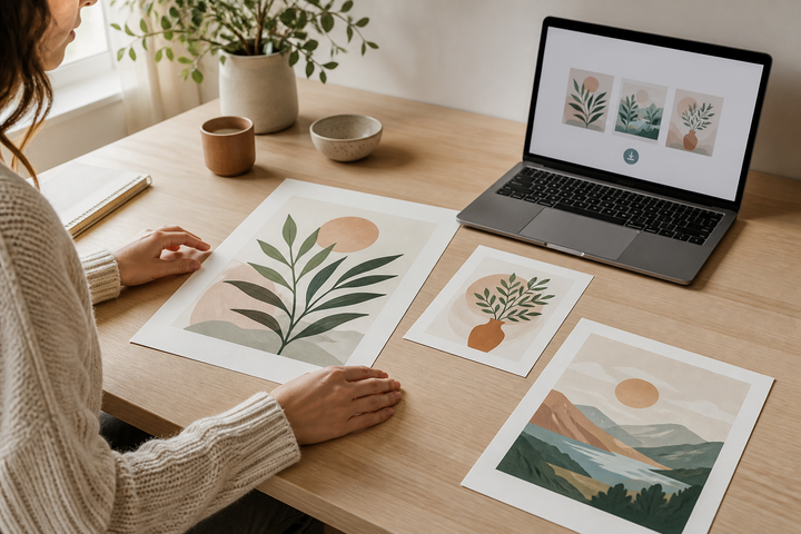 Downloaded digital artwork collection printed on matte paper beside a laptop