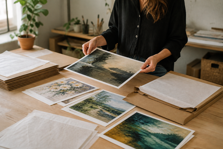 Artist preparing fine art prints and packaging for customer orders