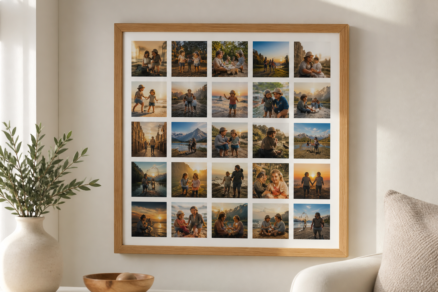 Framed 25-photo collage printed together on one continuous sheet