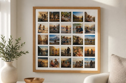 Framed 25-photo collage printed together on one continuous sheet