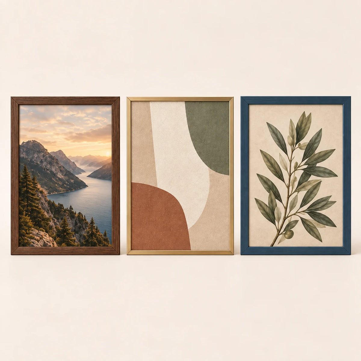 Three 10 by 14 inch picture frames in walnut, champagne brass and slate blue finishes with varied artwork