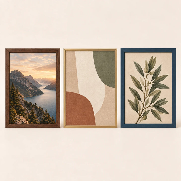 Three 10 by 14 inch picture frames in walnut, champagne brass and slate blue finishes with varied artwork