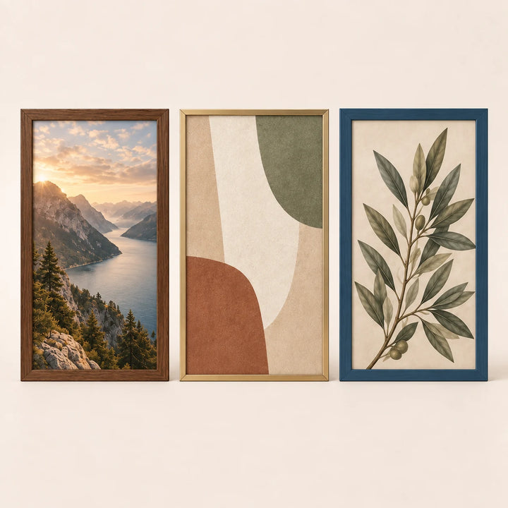 Three 14 by 24 inch picture frames in walnut, champagne brass and slate blue finishes with varied artwork