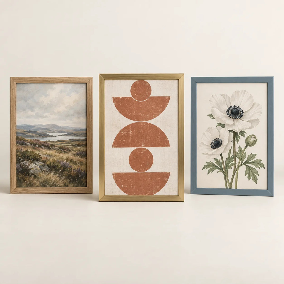 Three picture frames illustrating the 15 by 20 inch size