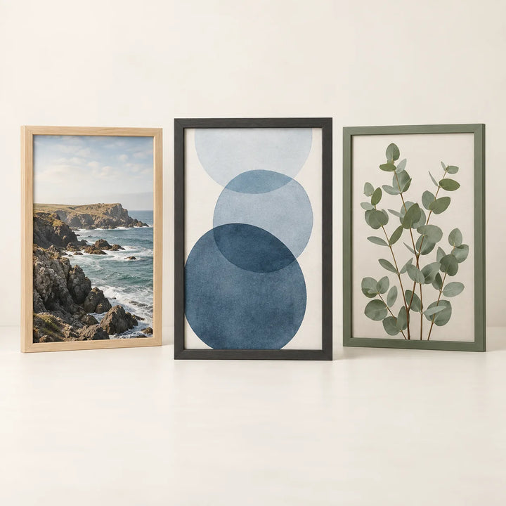 Three picture frames illustrating the 16 by 24 inch size