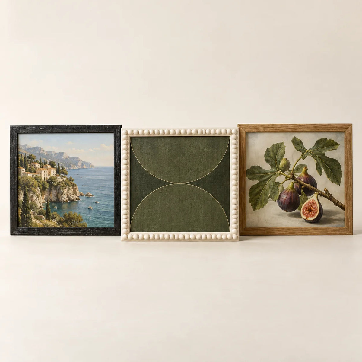 Three picture frames illustrating the 18 by 18 inch size