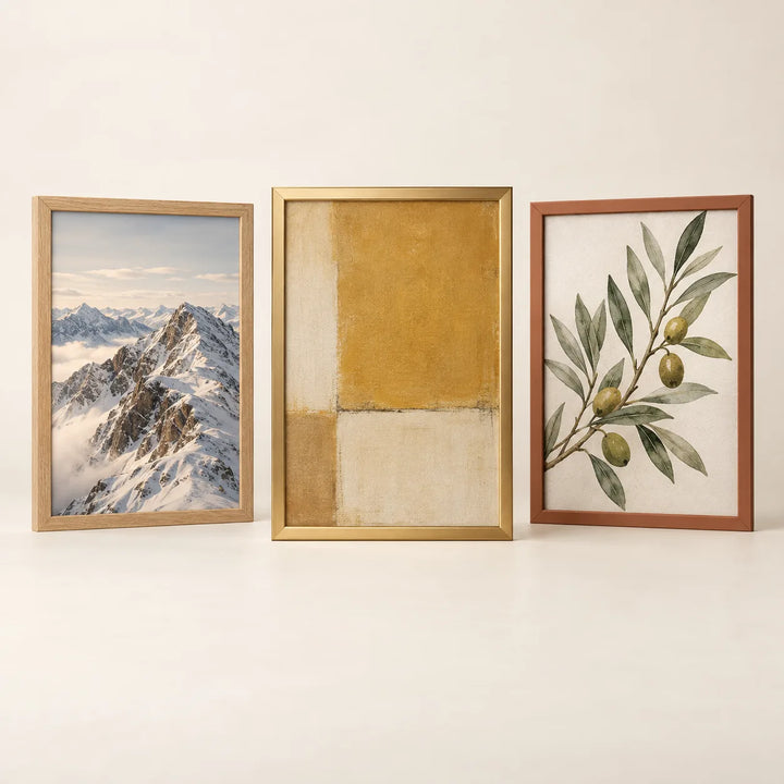 Three picture frames illustrating the 19 by 27 inch size