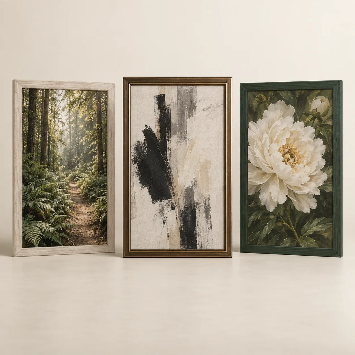 Three picture frames illustrating the 23 by 35 inch size