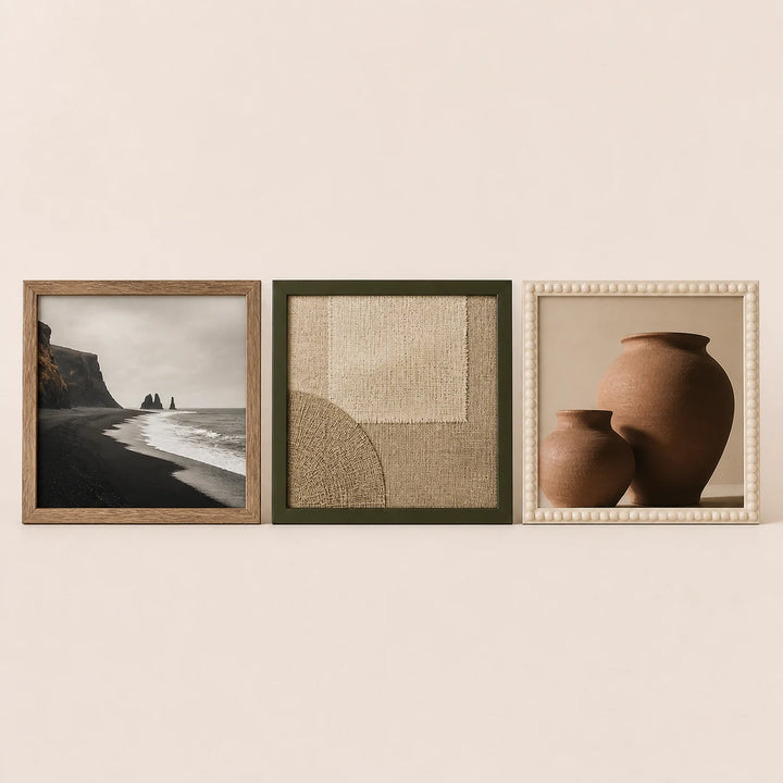 Three 24 by 24 inch frame-only options with varied artwork