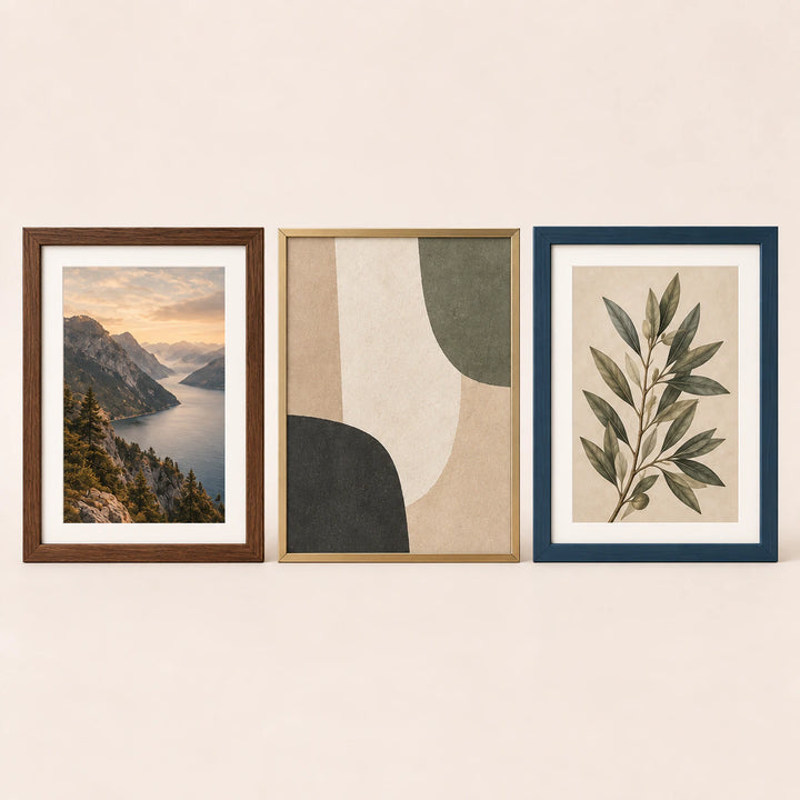 Three 24 by 32 inch portrait picture frames in walnut, brass and blue finishes with varied artwork