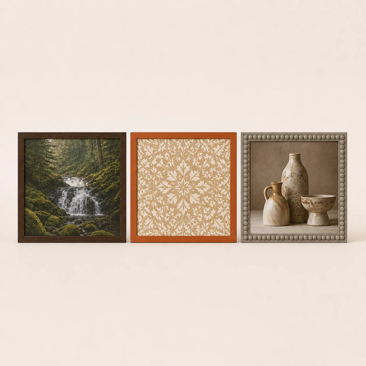 Three 60 by 60 centimeter frame-only options with varied artwork