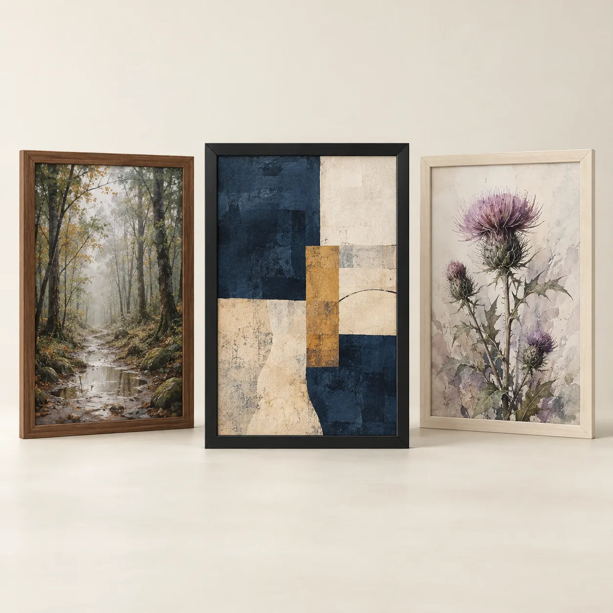 Three picture frames illustrating the 60 by 90 centimetre size