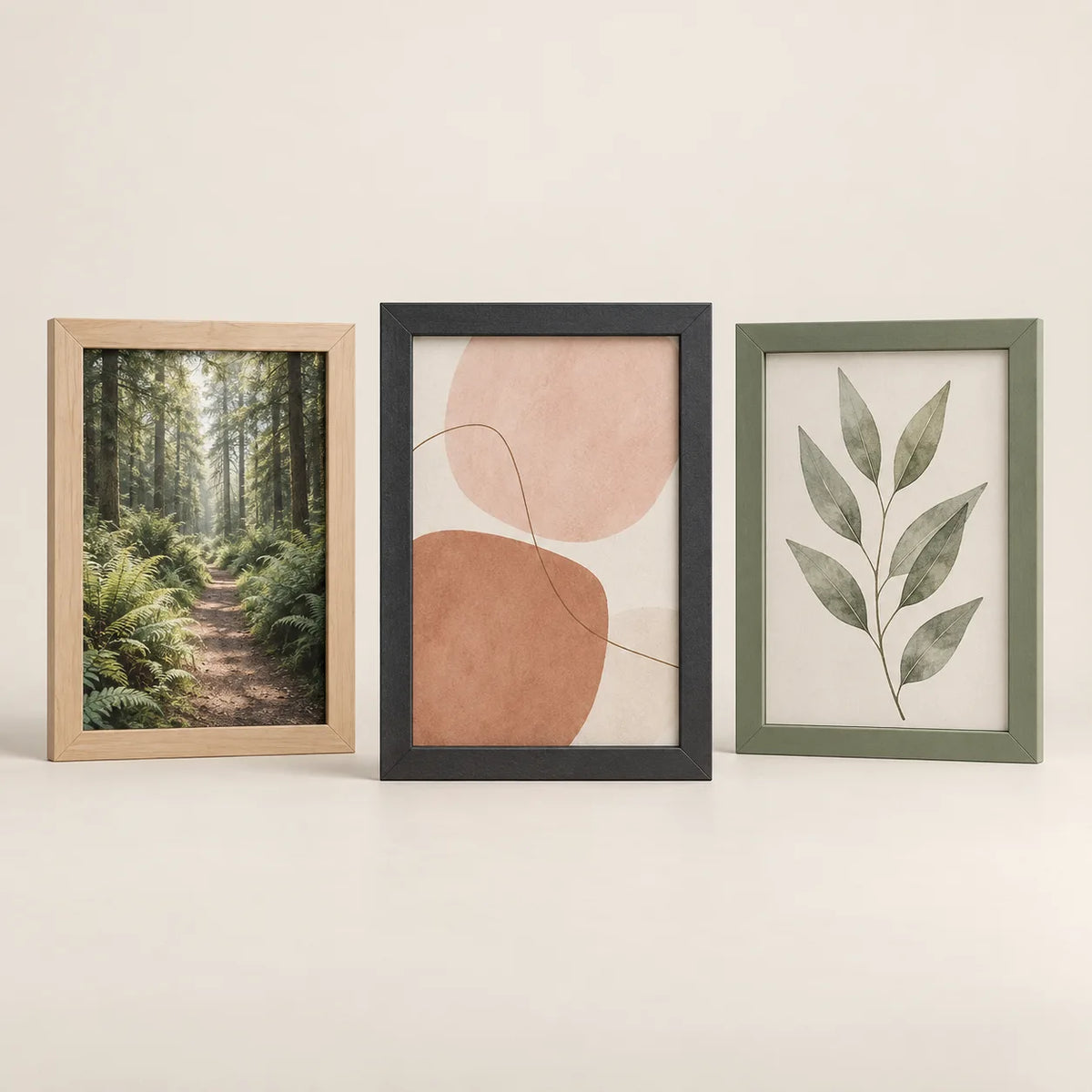 Three picture frames illustrating the 6 by 9 inch size
