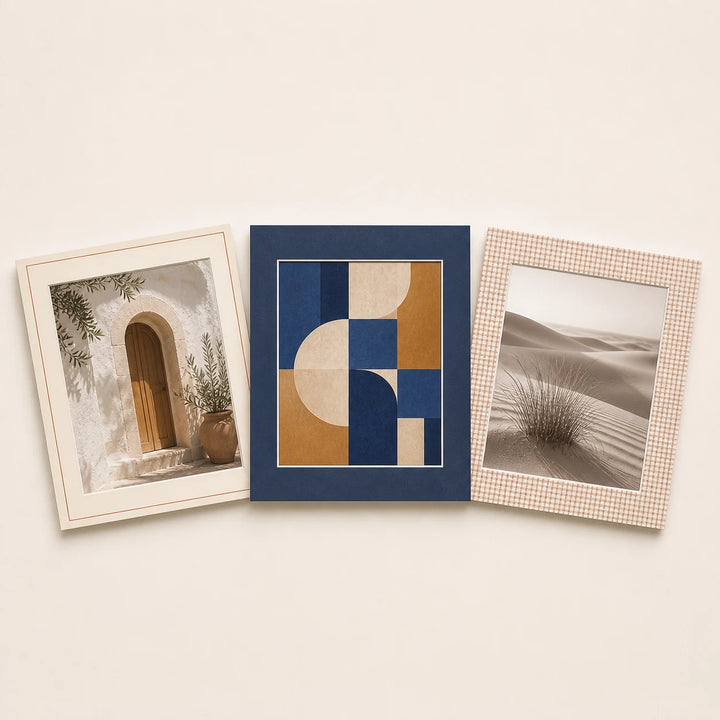 Three 11 by 14 inch picture mats in plain and patterned finishes holding varied artwork