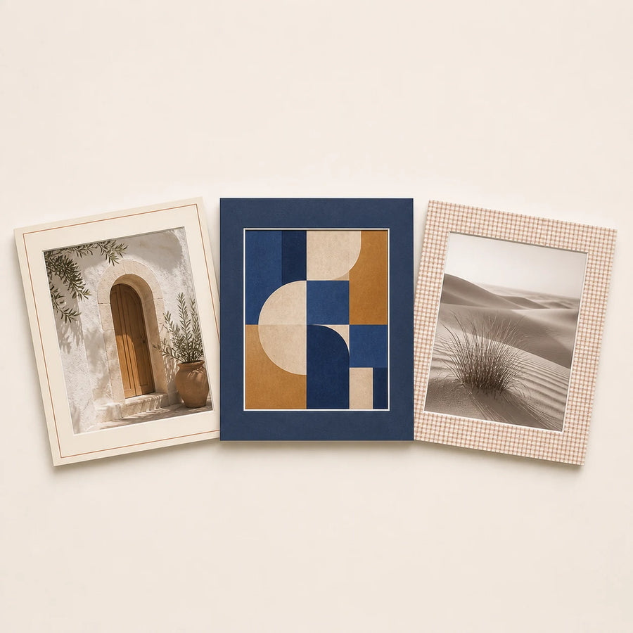 Three 11 by 14 inch picture mats in plain and patterned finishes holding varied artwork