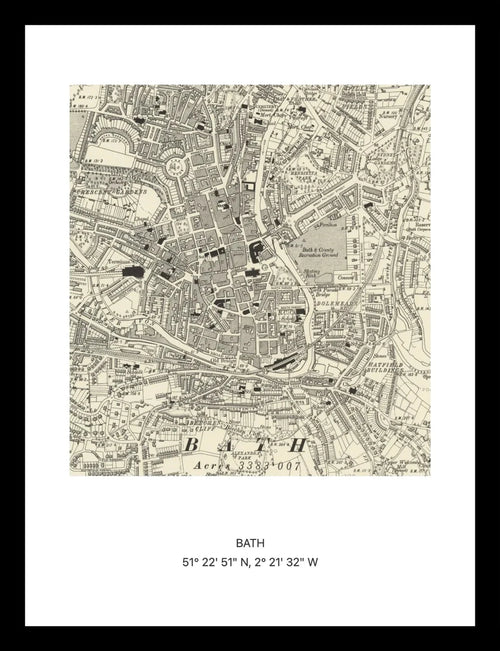 Framed vintage Ordnance Survey map print of Bath (1888)
