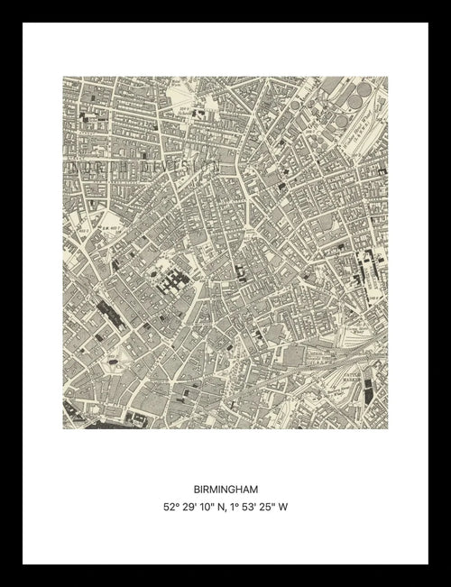 Framed vintage Ordnance Survey map print of Birmingham (1888)