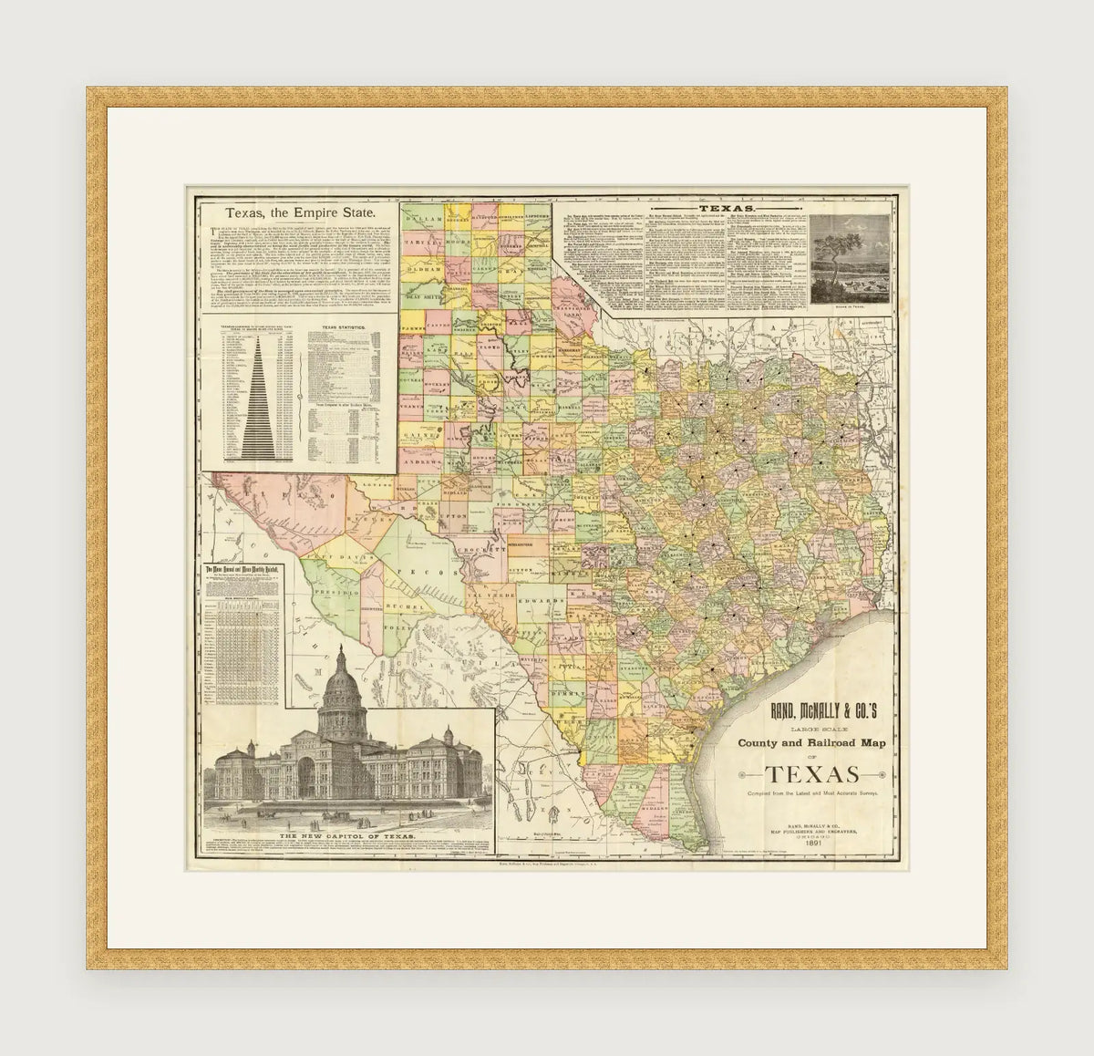 Vintage 1891 Rand McNally county and railroad map of Texas, framed reproduction