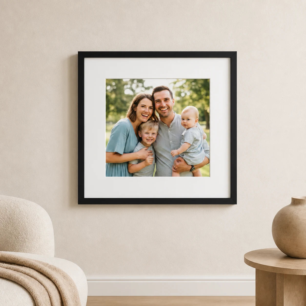 A framed family photograph with a white mount in a contemporary living room