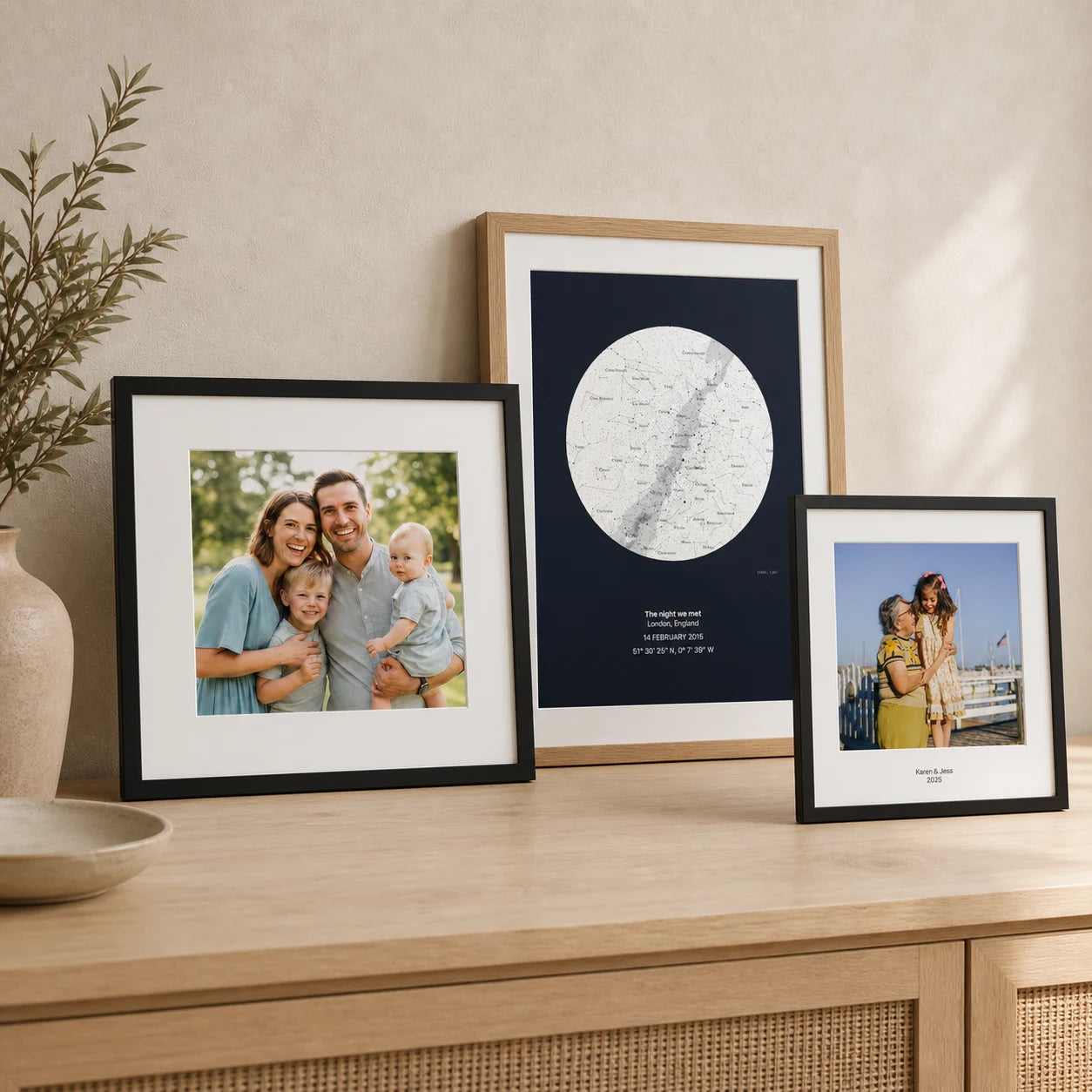 A family photograph, personalised star map and photo gift in handmade frames