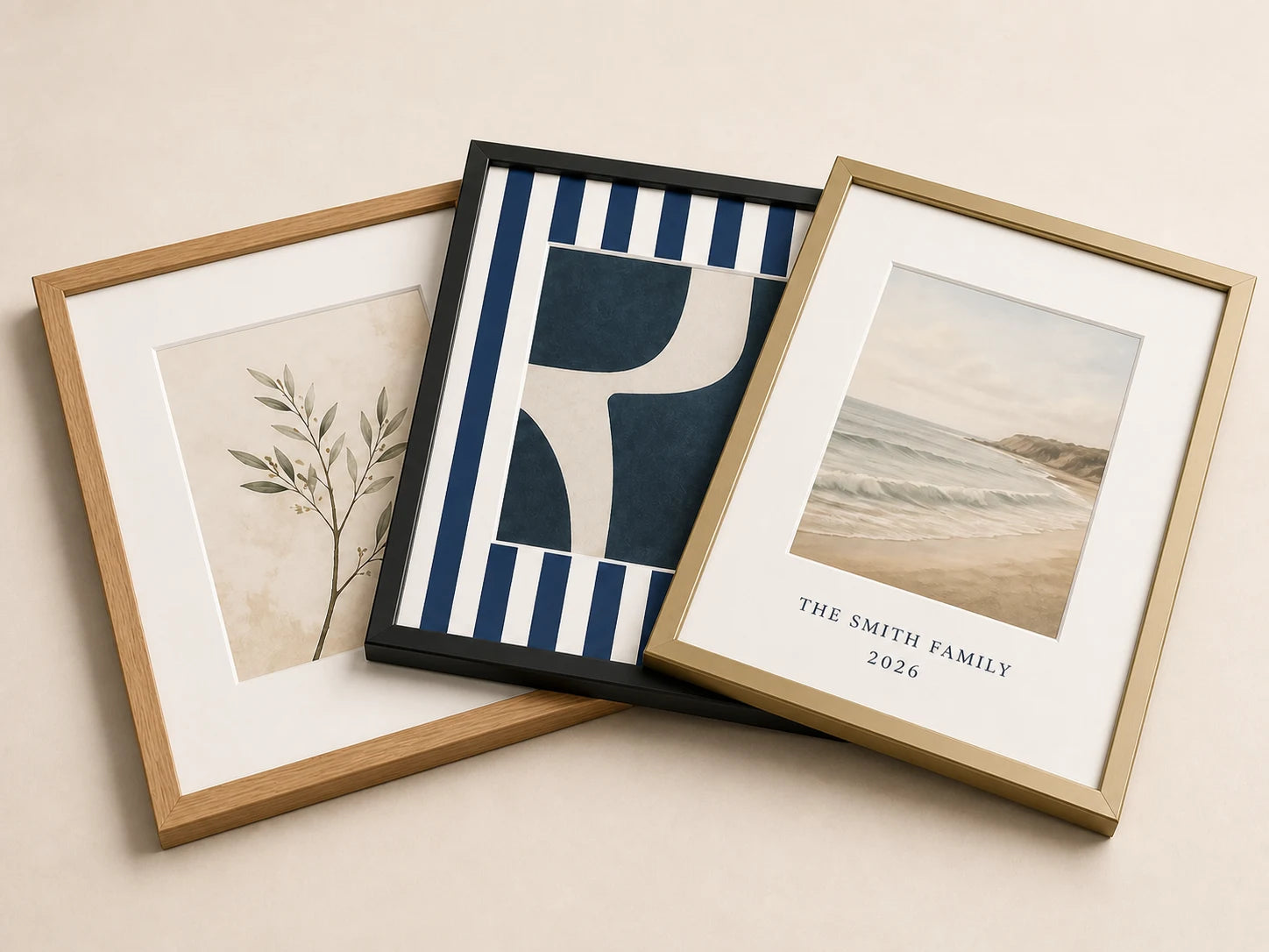 Three picture frames showing a plain white mount, a navy striped mount and a personalised mount