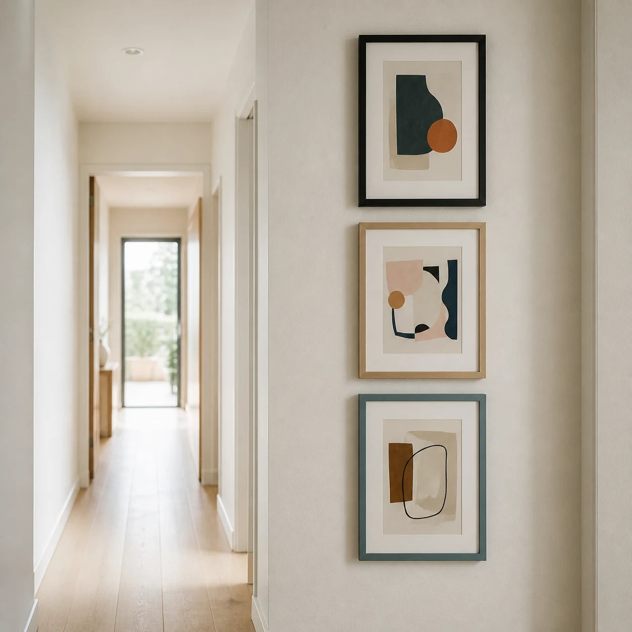 Three made-to-measure framed artworks fitted to a narrow hallway wall
